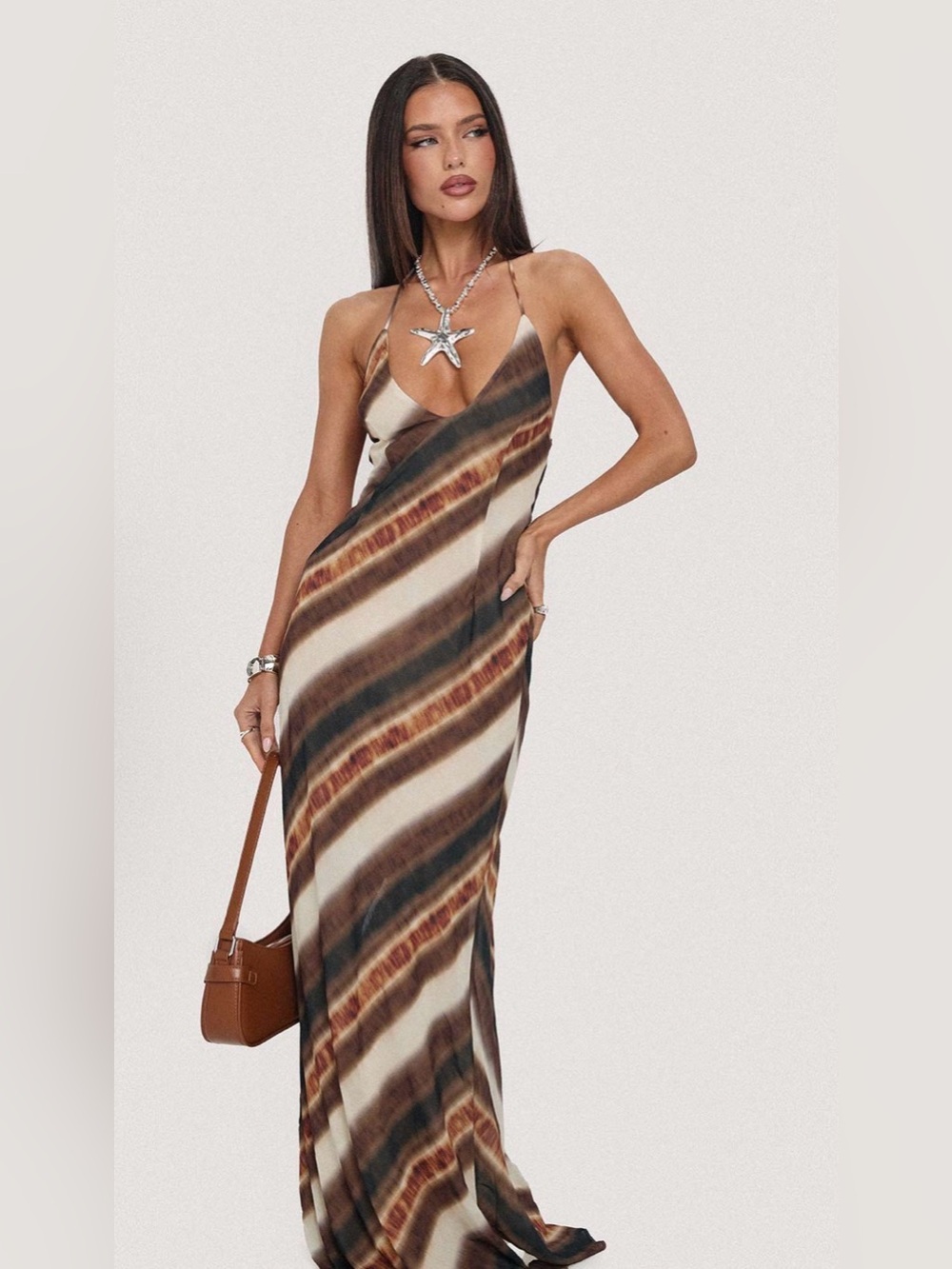 NWOT Esmira Halter Maxi Dress Brown Stripe Size US 0